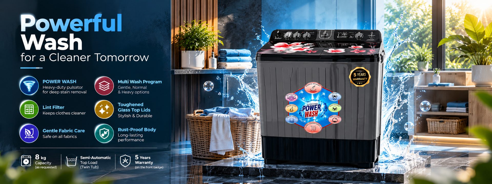 Luminex Powerful Wash for a Cleaner Tomorrow: 8 kg semi-automatic washing machine