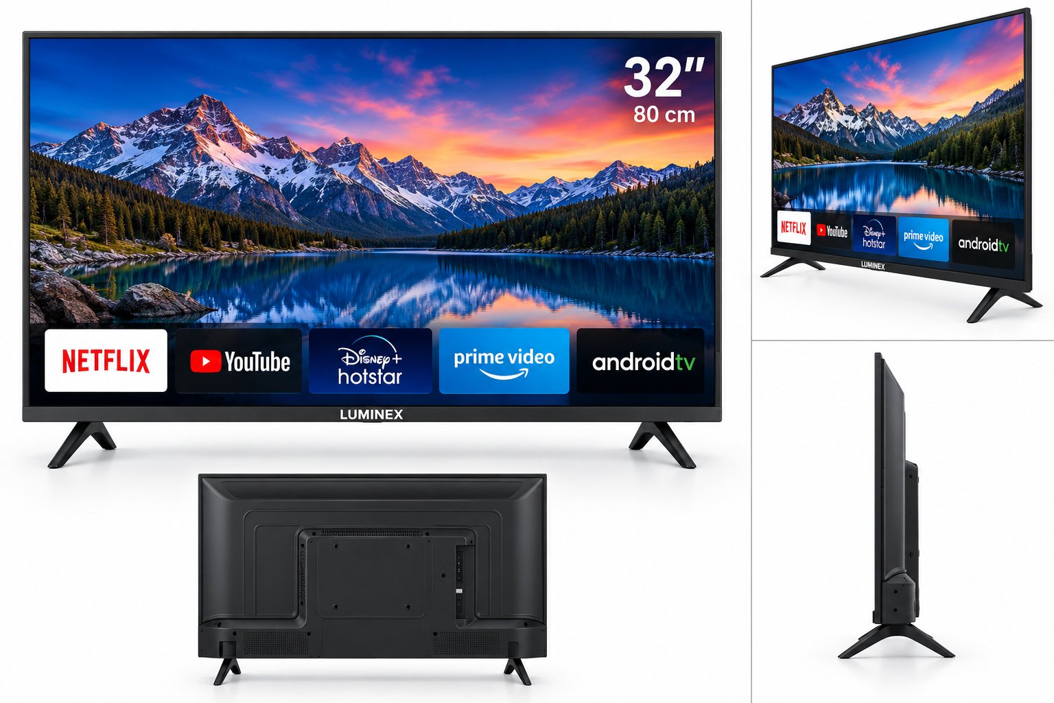 Luminex 32 inch Smart LED TV from the front, angle, back and side