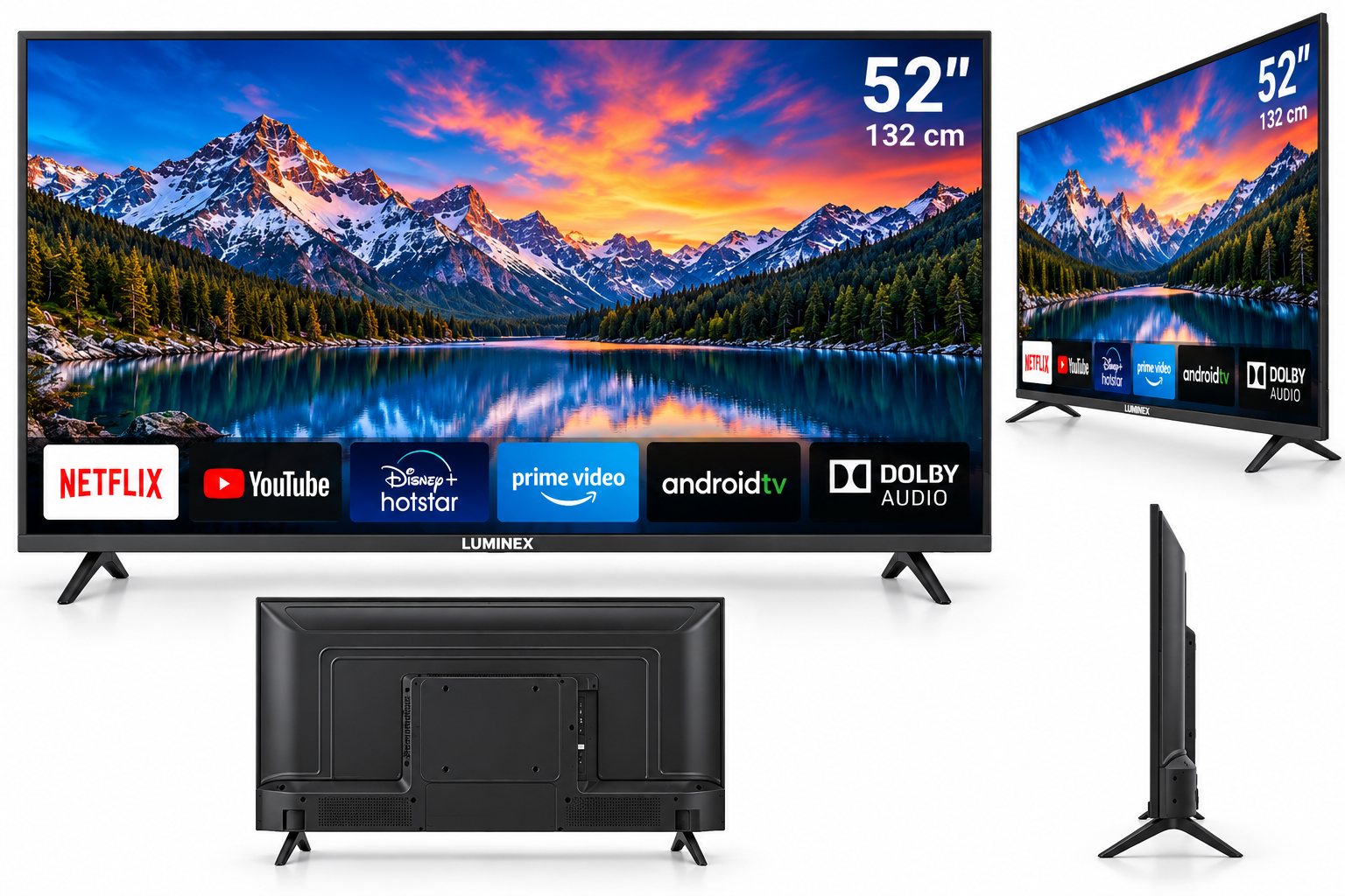 Luminex 52 inch Smart LED TV from the front, angle, back and side