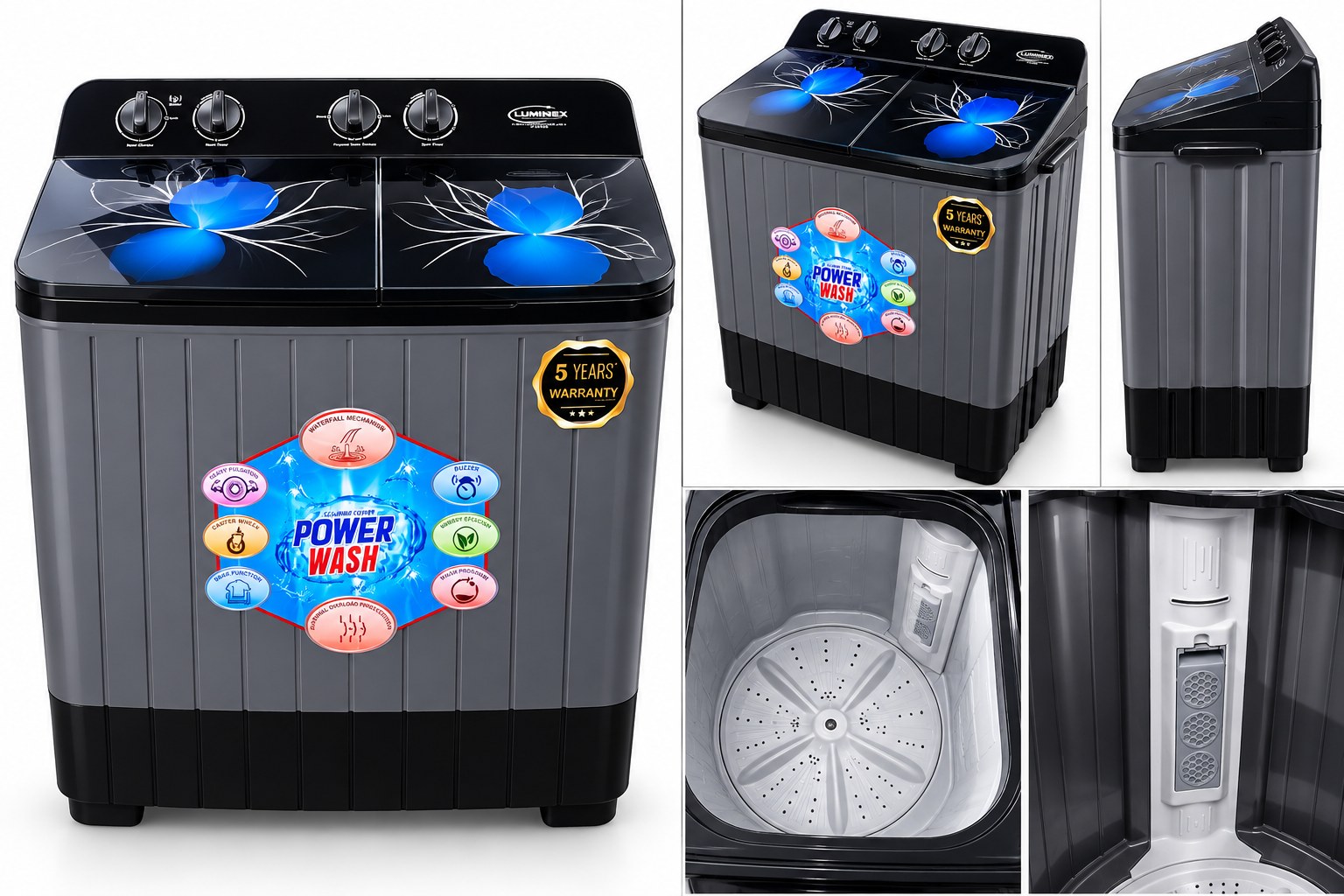 Luminex 8 kg Floral Glass from the front, angle, side, inside the tub and lint filter