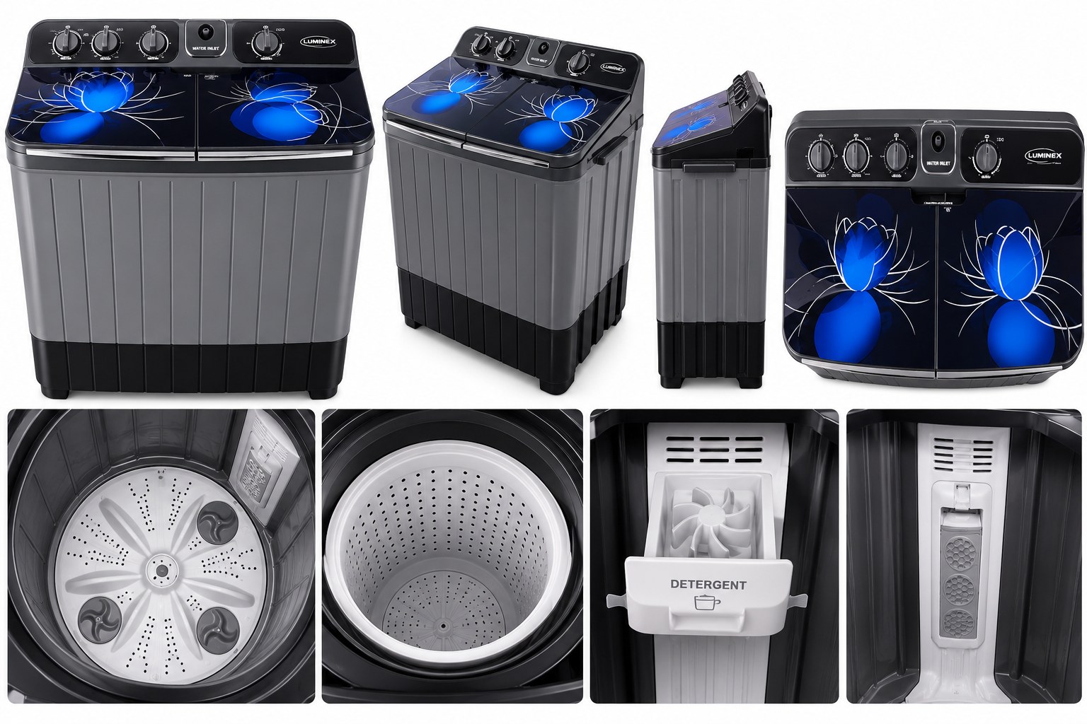 Luminex 9.5 kg Twin Tub from every angle, with the tubs, detergent drawer and filter